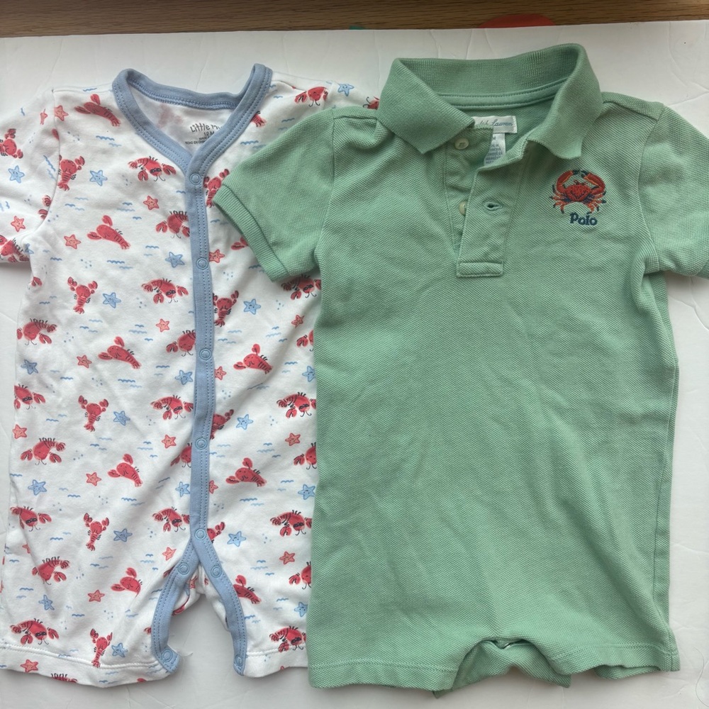 Ralph Lauren Polo & Little Me Crab 🦀 12M Rompers | 2-Piece Bundle w/ Snap Gusset